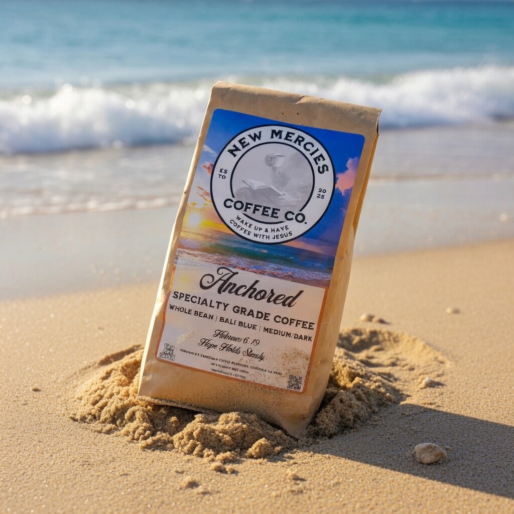 Bali single-origin specialty coffee bag on the beach | New Mercies Coffee Co.