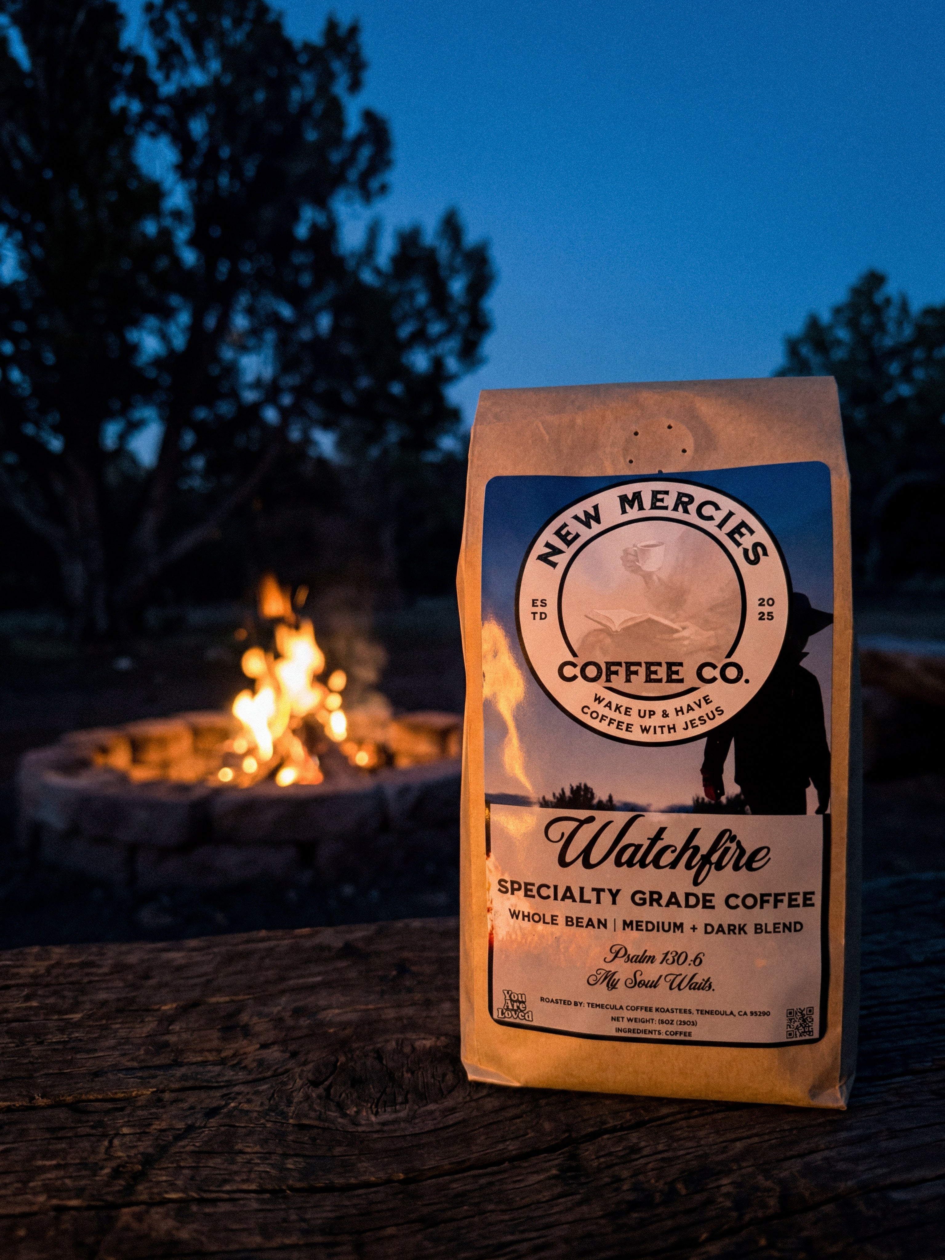 New Mercies Coffee Co. Watchfire coffee bag with a fire pit in the background